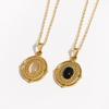 Vintage Natural Stone Stainless Steel Blue Opal Pendant Necklace For Women Gold Color Sweater Chain Jewelry Accessories Gift