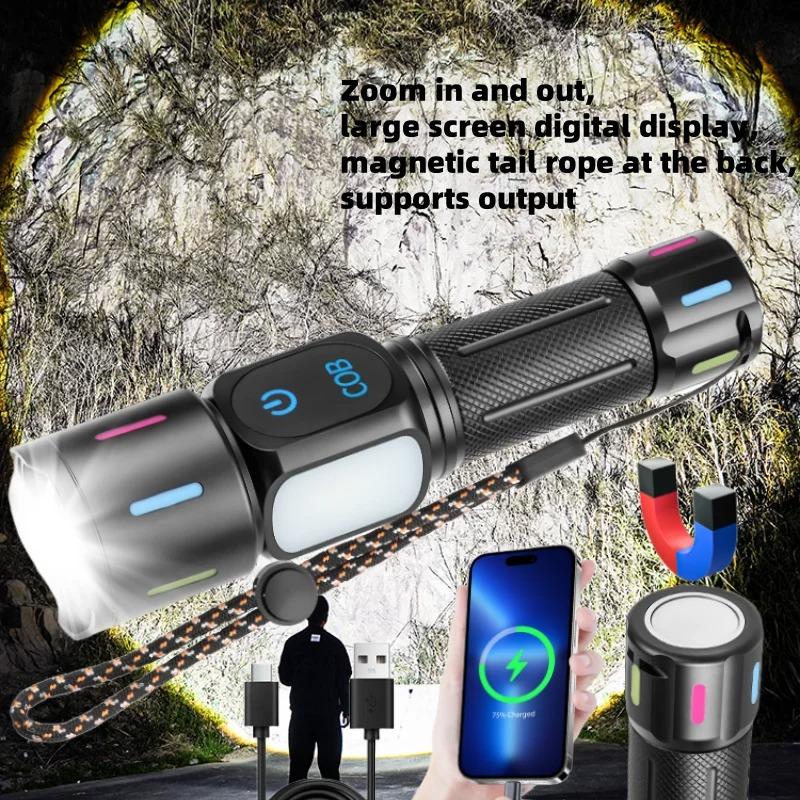 USB Oppladbar Lommelykt COB Sidelys Batteriindikator Teleskopisk Zoom Supersterk for Camping Fotturer Nødlys