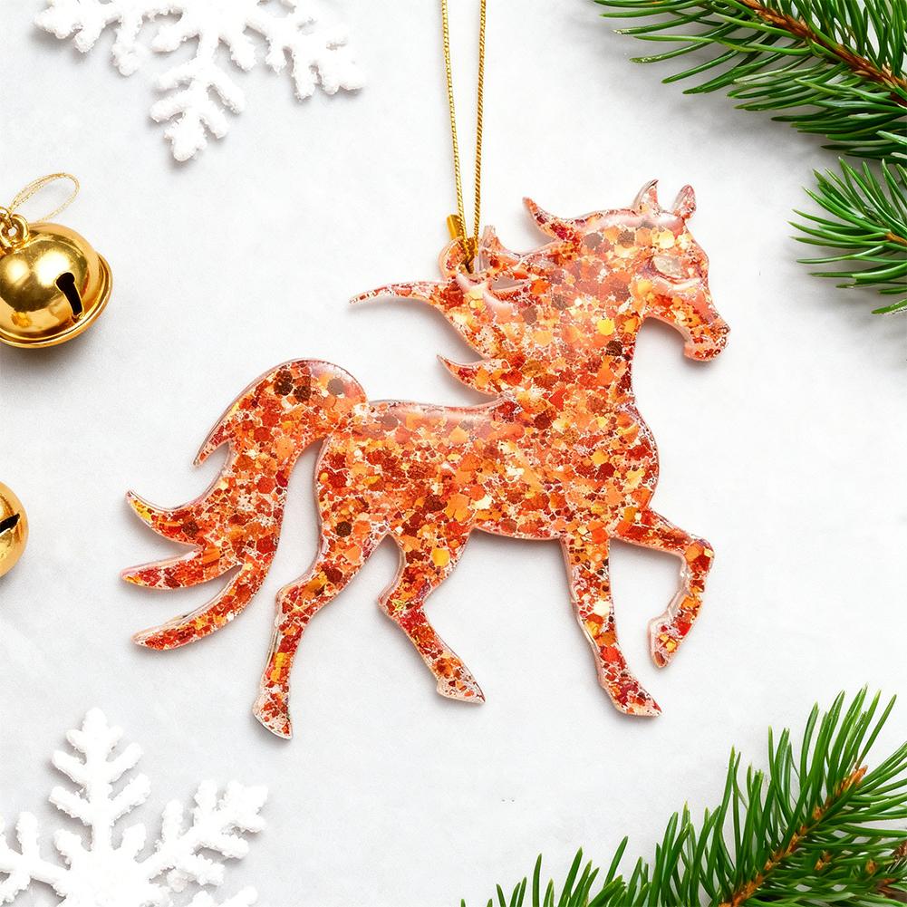 1/4Pcs Golden Flame Horse Christmas Ornament 2D Flat Christmas Horse Pendant Xmas Tree Hanging Pendent New Year Gifts Keychain