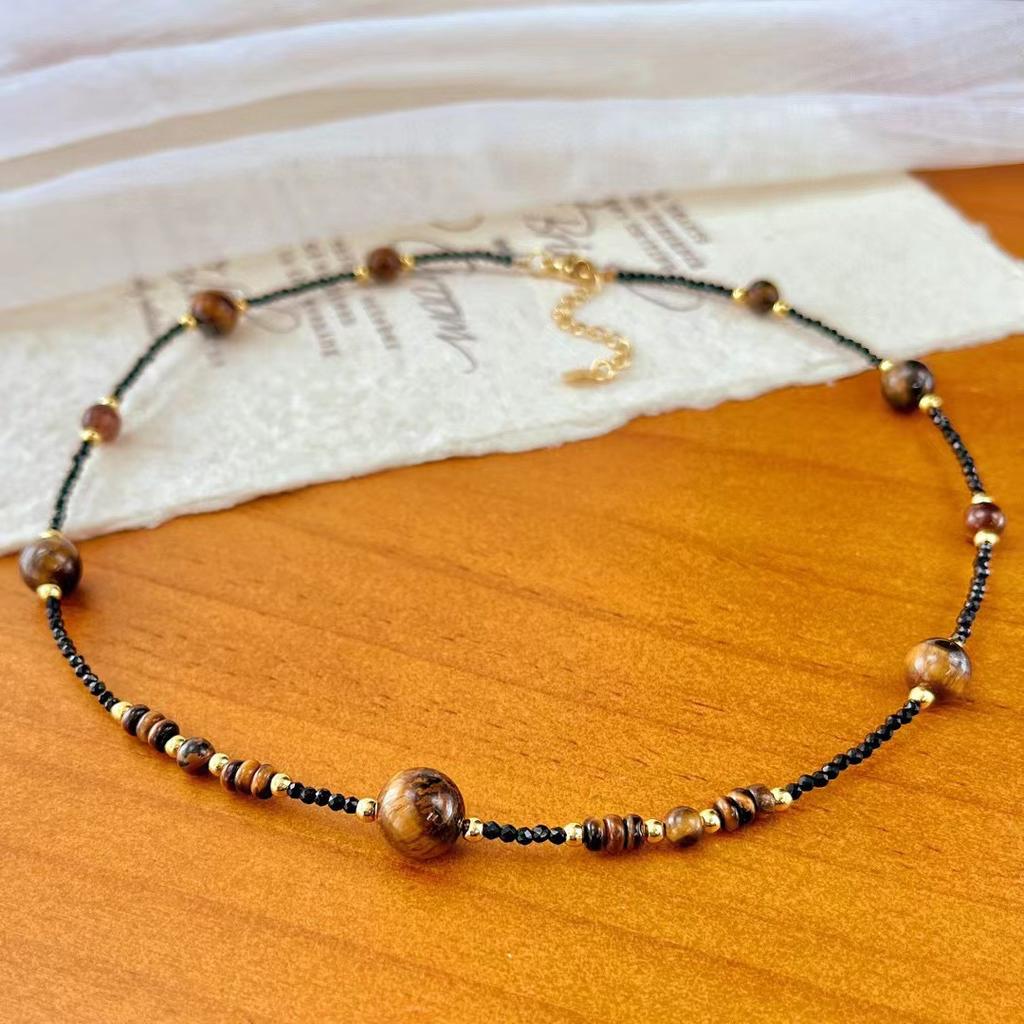 Vintage Boutique Maillard Style Natural Tiger'S Eye Stone Clavicle Chain Necklace