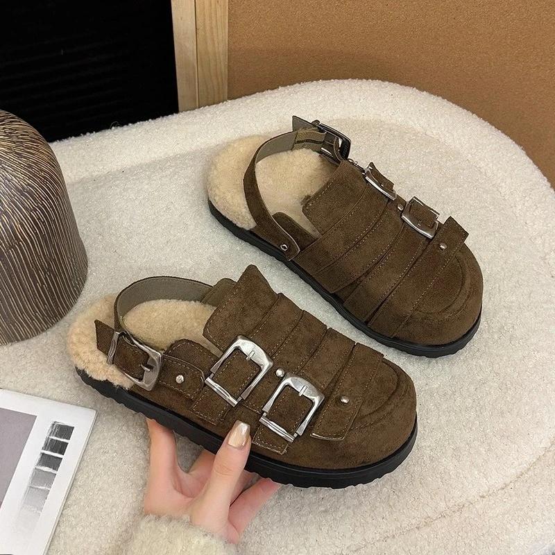 Autumn 2025 New Metal Buckle Big Head Lamb Wool Shoes Baotou Platform Slip-proof Semi-drag