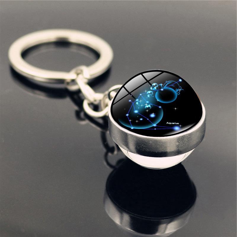 Zodyak Anahtarlık Doğum Günü Hediyesi 12 Takımyıldızları Çift Taraflı Cam Topu Anahtarlık Halka Tutucu