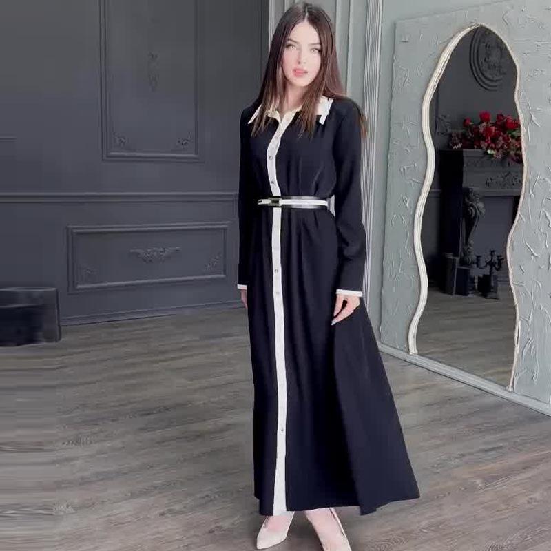 

Женское платье с длинным рукавом, облегающее талию, с воротником поло, в стиле колор-блок, осень 2024 Medium