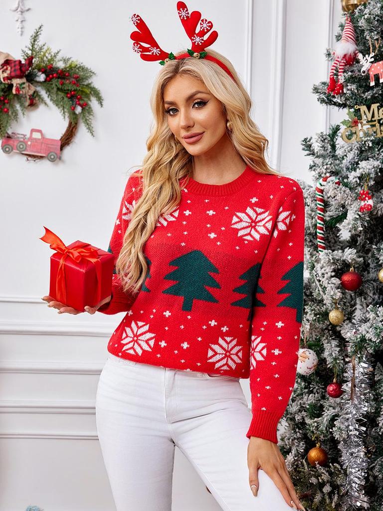 2024 Europäisch-Amerikanischer Damen Weihnachtsbaum Jacquard Strickpullover - Rot, Herbst/Winter