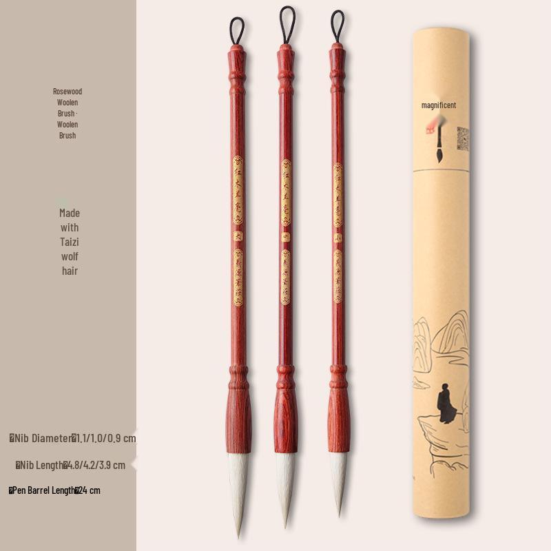 Rosewood Multi-Style Calligraphy Brush Set: Bristle, Wolf, Sheep Hair; Seal, Clerical, Running Script; Ou, Liu, Yan, Zhao Styles.