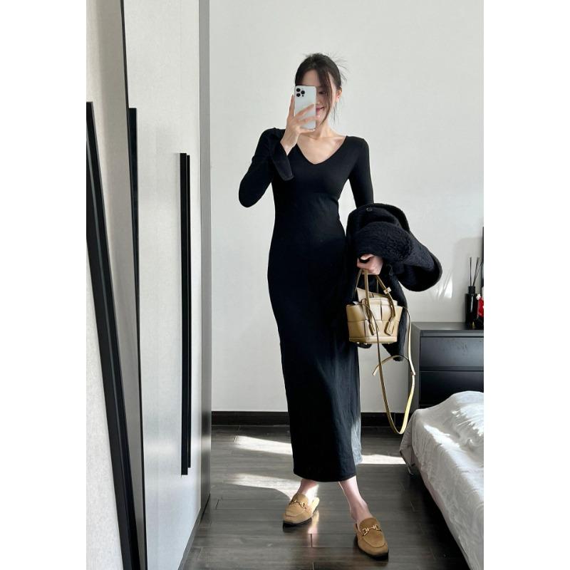 

[] Новое черное платье с большим V-образным вырезом, облегающее, с длинными рукавами, высококачественная вязаная длинная юбка, облегающая бедра XL чёрный