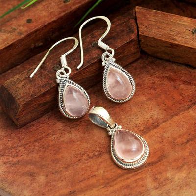 Rosenquarz Anhänger Ohrring Set 925 Sterling Silber Handarbeit Damen Schmuck