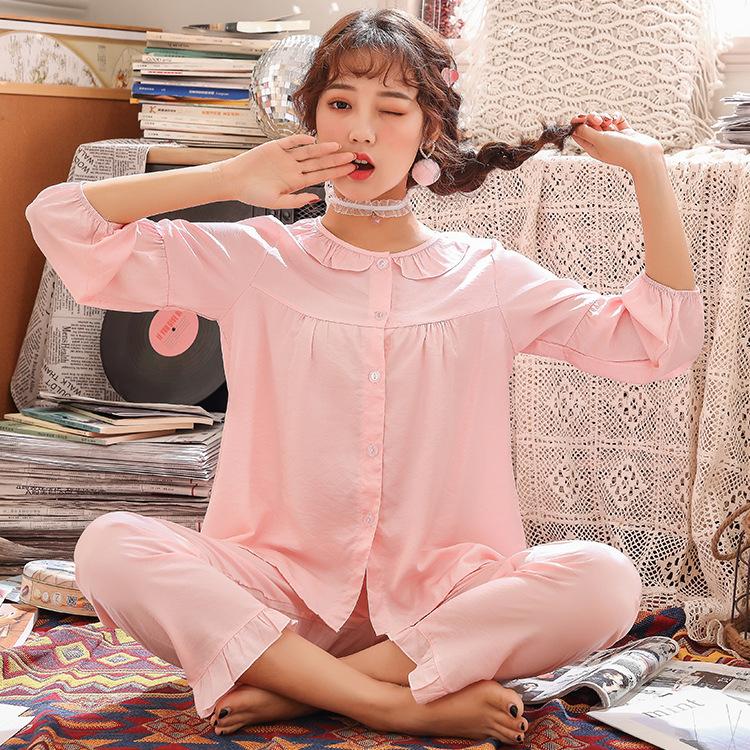 Spring and summer new tencel cotton pajamas women's comfortable lace loungewear nine-quarter sleeve trousers women's cardigan set