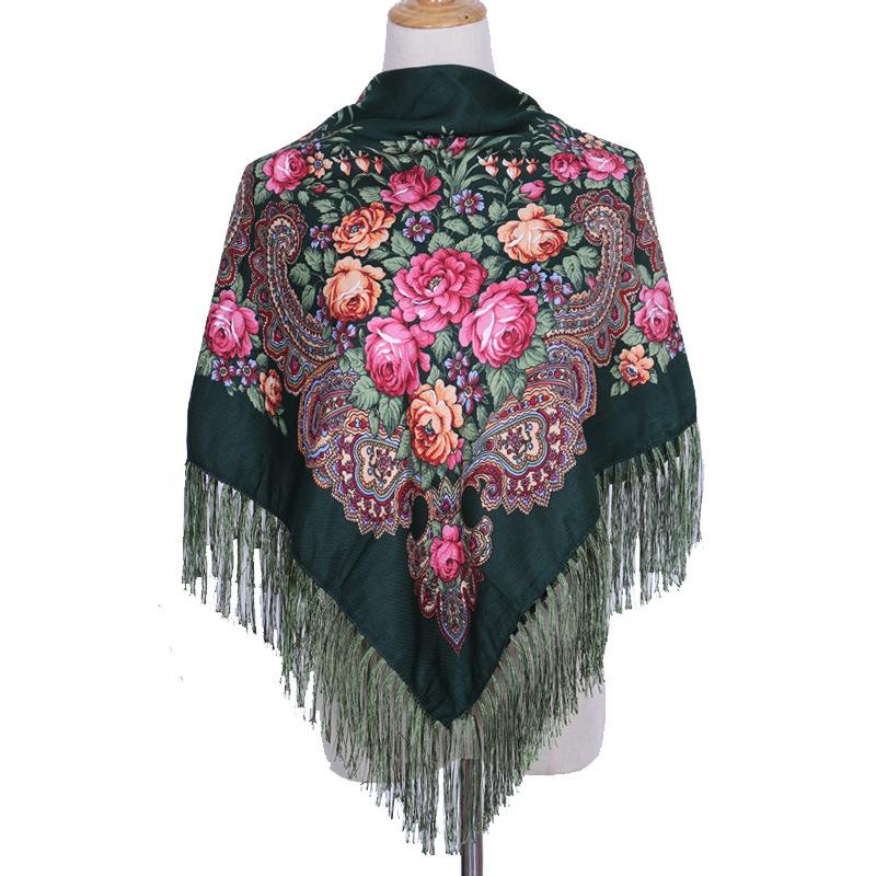 110*110Cm Russian Scarf Floral Woman'S Shawl Tassel Floral Print Hijab Headscarf Wraps Handkerchief Bandana Beach Travel Blanket