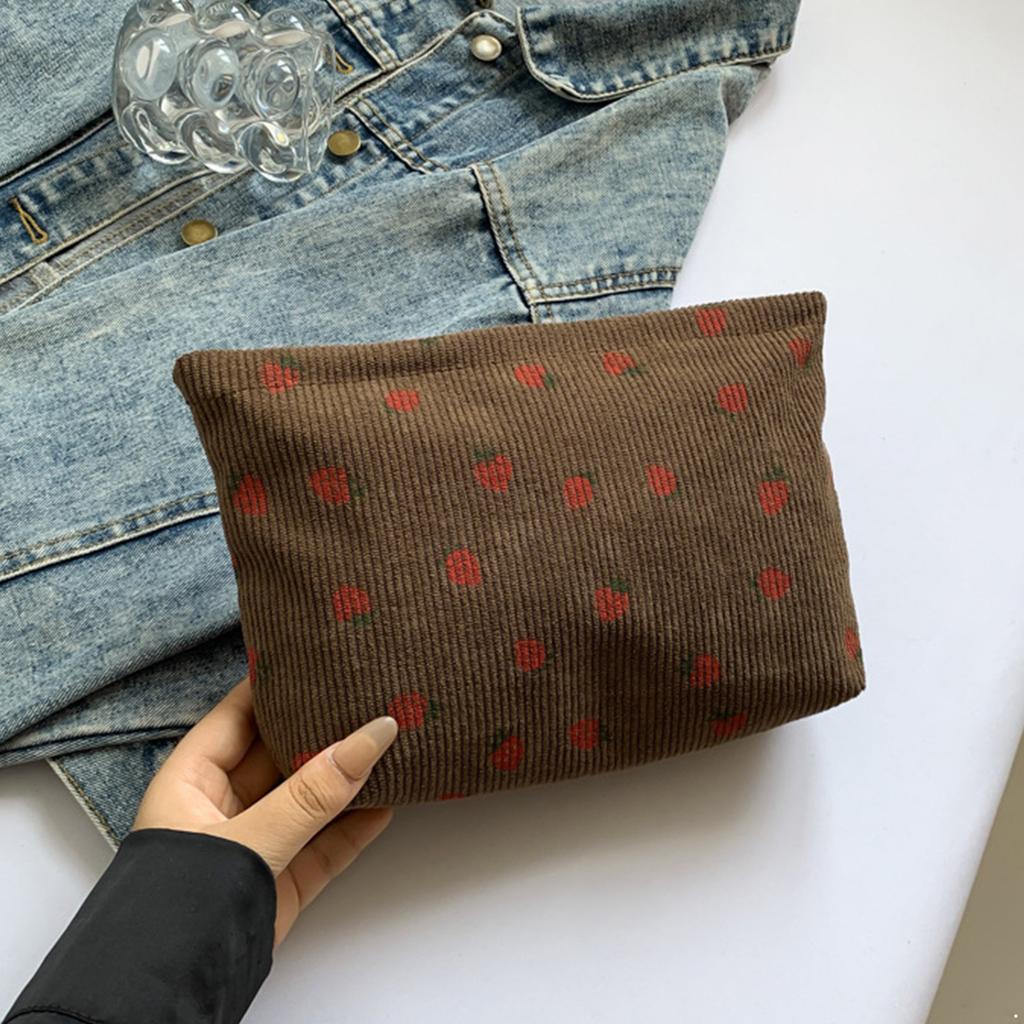 Strawberry Printed Corduroy Cosmetic Bag, Fashionable Toiletry Pouch for Women Travel, Gym, Vacation Organizer with Secure Zipper
