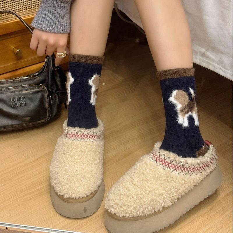 Spring and Autumn Fluffy Puppy Cartoon Mid-calf Socks, Cute Style, Flocked School Style, Color-blocked Pile Socks