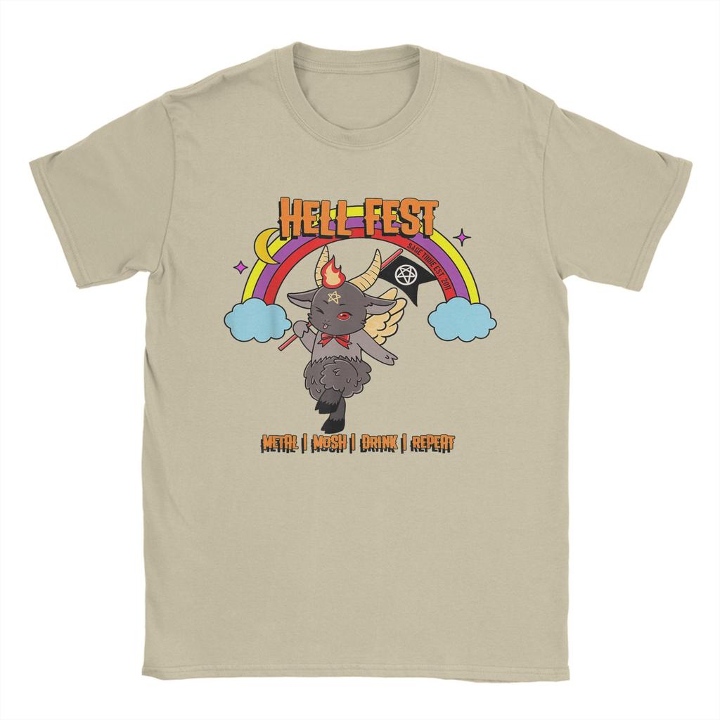 Herren HellFests Baphomet Festival T-Shirts Metal Mosh Drink Repeat Baumwoll-Tops Kurzarm Rundhals T-Shirts Übergröße T-Shirt