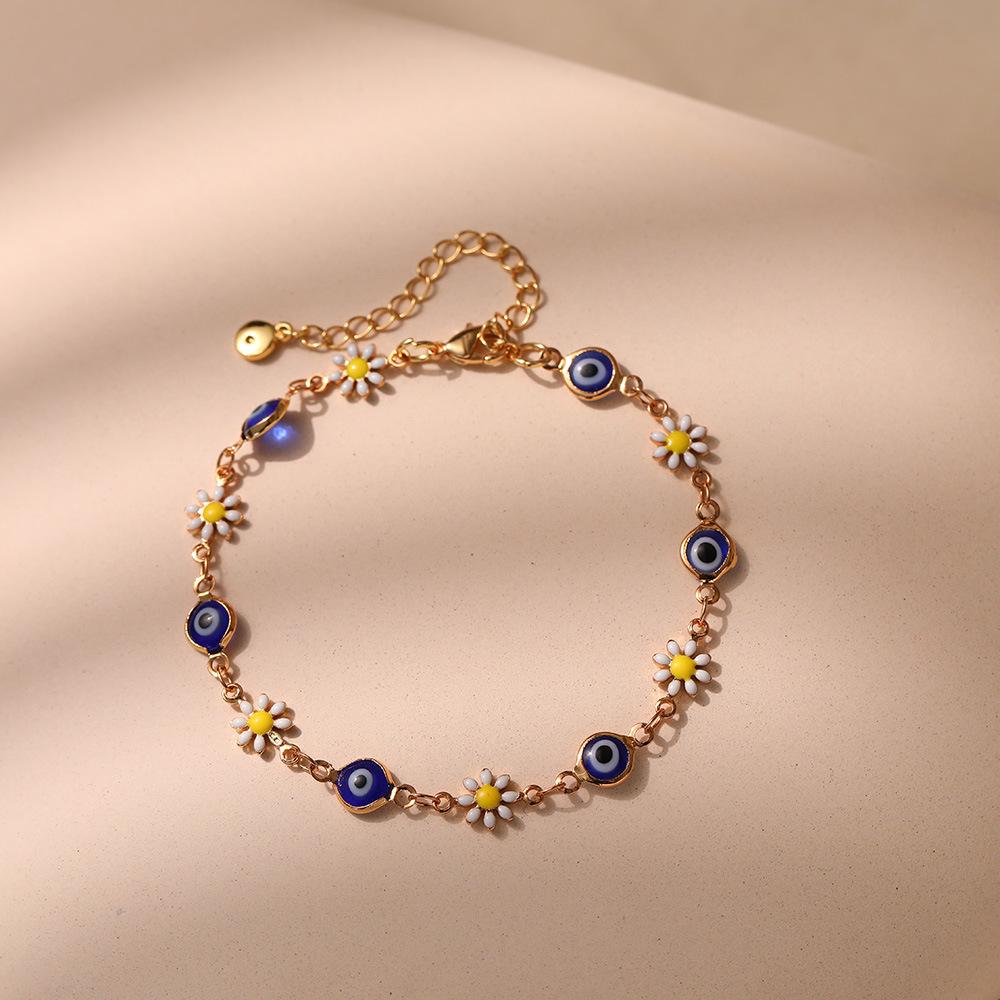 Multicolor Enamel Daisy Eyes Bracelet with Gold-Plated Brass Chain