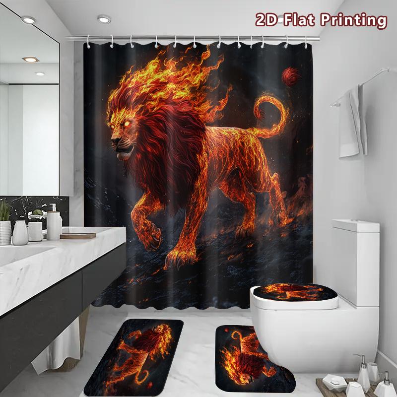 4Pcs Flame Lion Shower Curtain Set with Non-Slip Bath Mat, Toilet Lid Cover, Contour Rug & 12 Hooks, Bathroom Decor