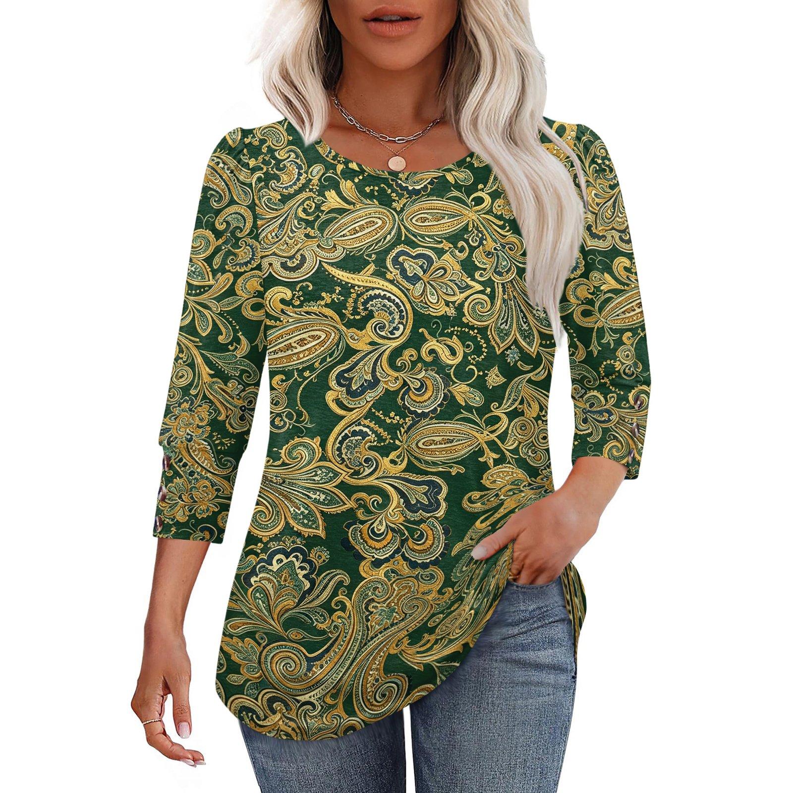 Women s Casual Loose Fit Top Round Neck Three Quarter Sleeve Blouse Button Detail Lightweight Fabric Relaxed Fit L