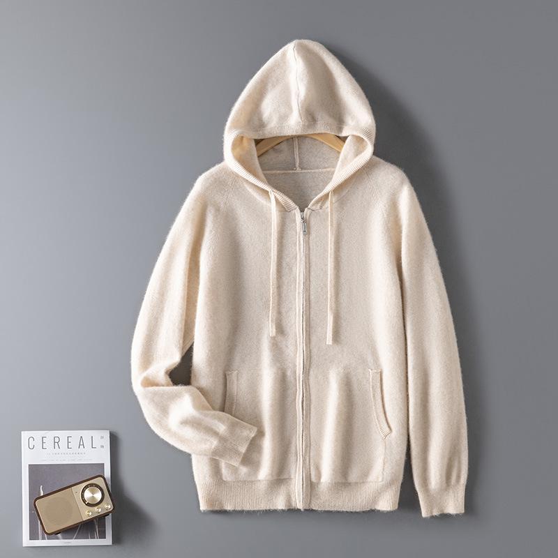 Men's Hooded Wool Cardigan - Solid Color, Zipper, Drawstring, Loose Fit Knitted Sweater Jacket