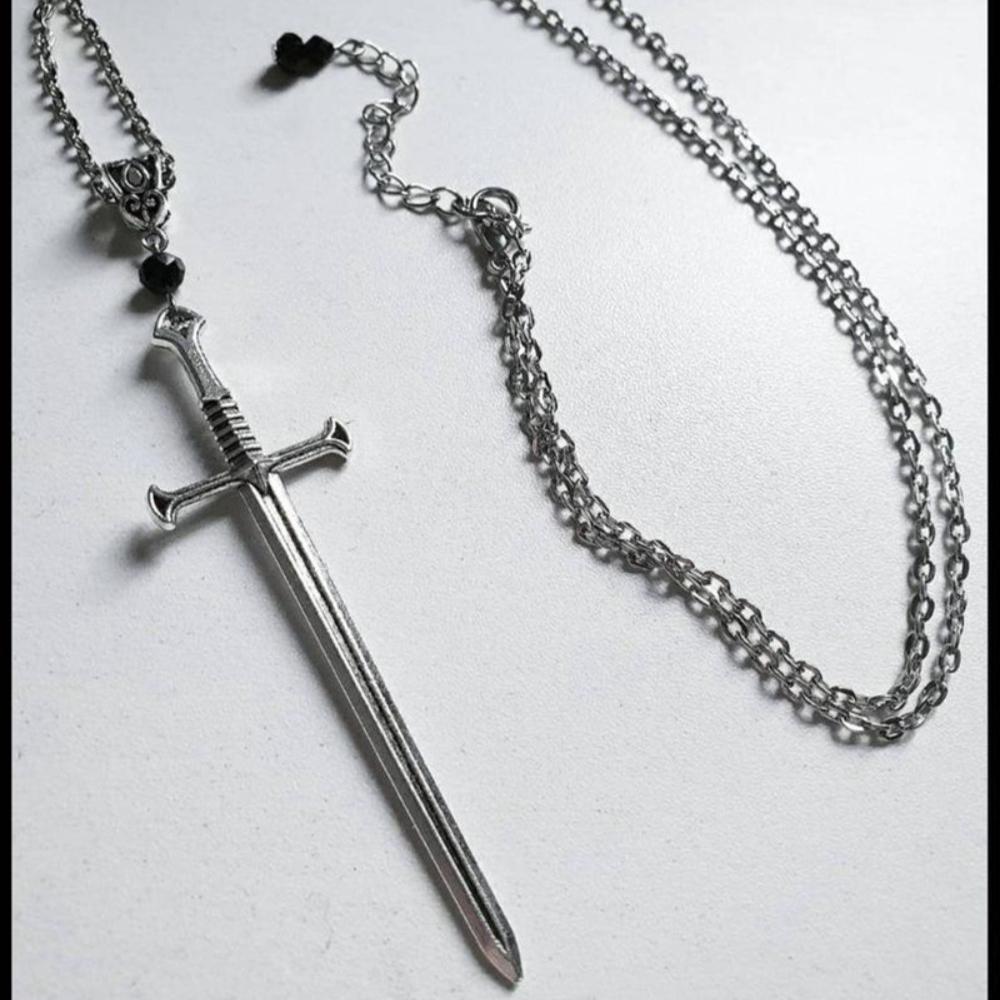 New Personality Gothic Silver Color Cross Sword Black Crystal Bead Pendant Necklace for Men Women Punk Jewelry Accessories Gifts