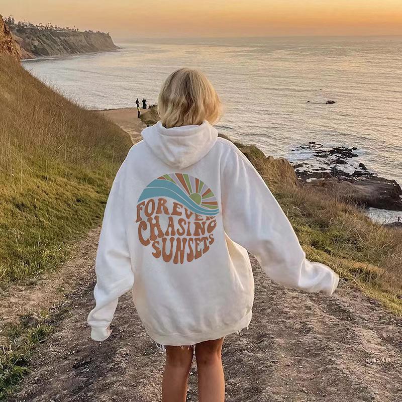 2024 Women's Fleece-Lined Sunset Print Hoodie with Kangaroo Pocket & Drawstring