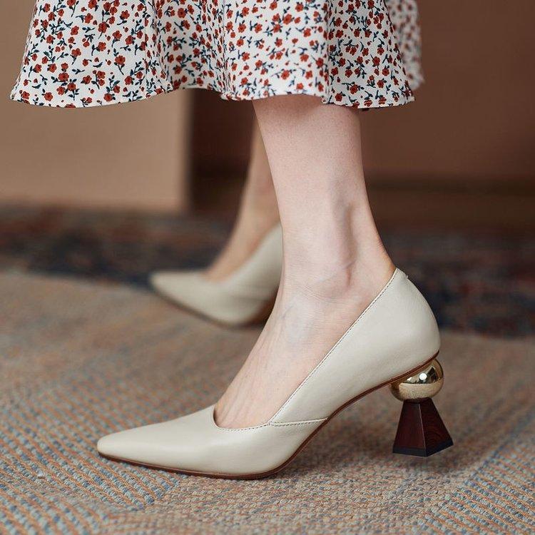 Pointed high heels women's spring new fashion special-shaped thick heel outer wear work shoes not tired feet single shoes