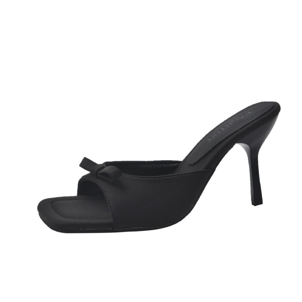 Niche black high heels bow cool slippers shoes new fashion outer wear
