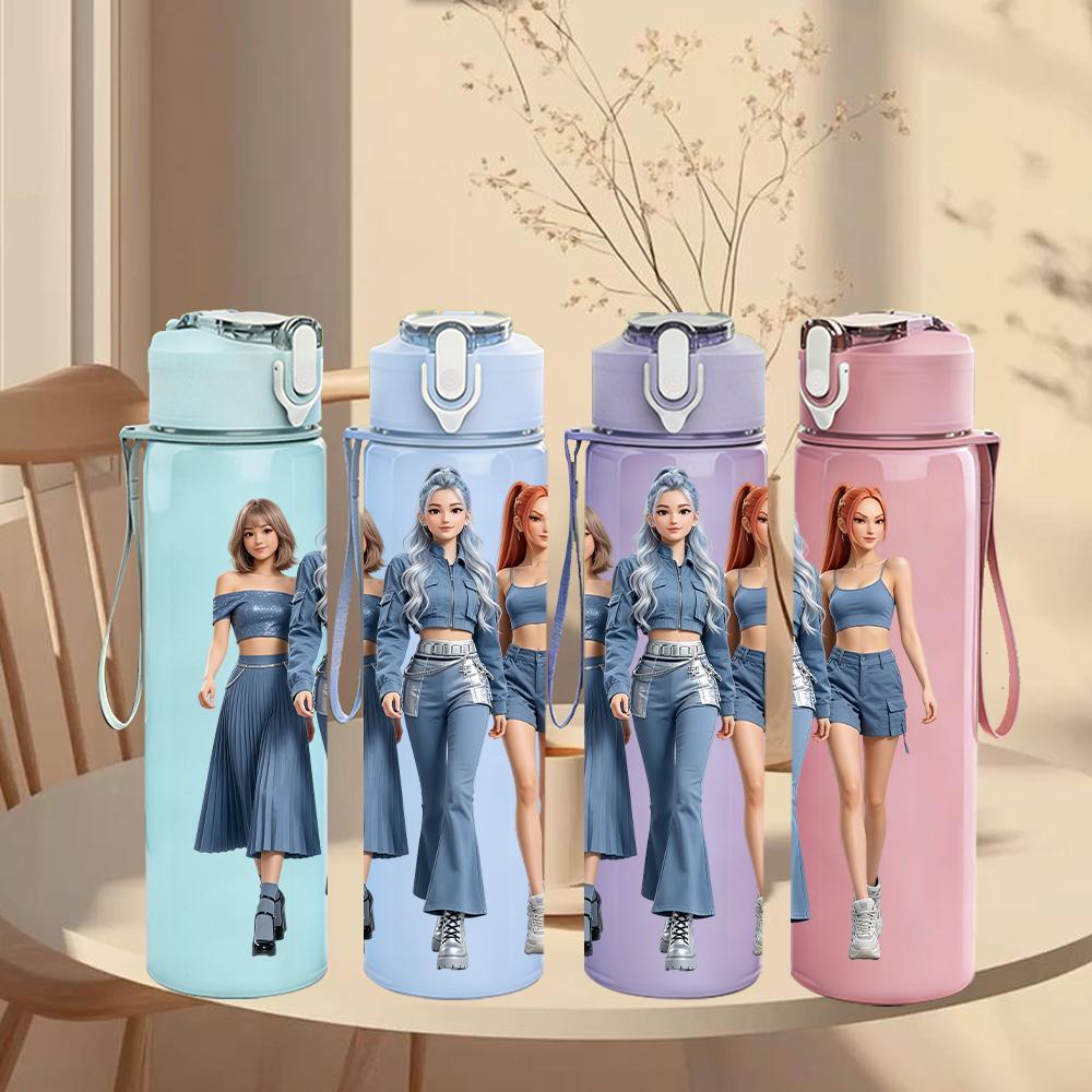 1PC Three Denim Outfit Ladies 750ml Color Plastic Sports Water Bottle Leakproof Flip Straw Lid Suitable for Sports Office Home Use
