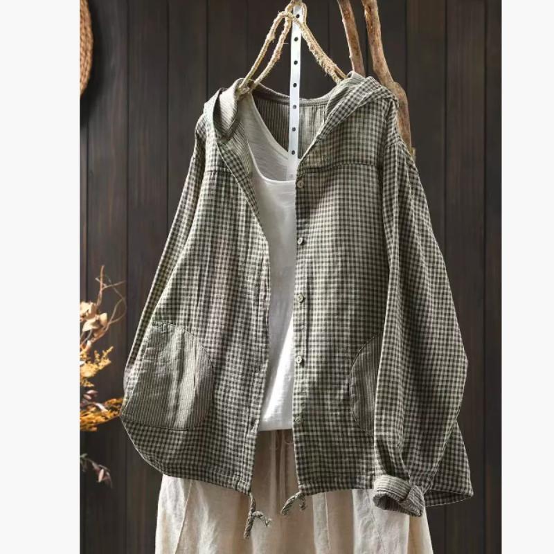 Chemise à capuche rayée en fil de coton double couche pour le printemps pour femmes, veste chemise à carreaux à manches longues