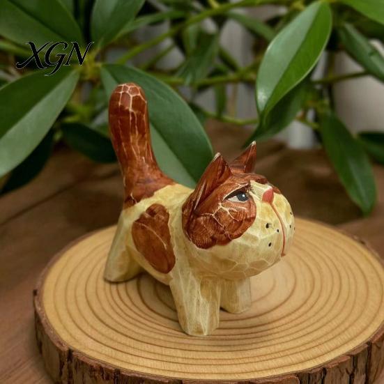 Unique Handcrafted Cat Decor Tabby Wood Figurine with Painting, Hand Carved Basswood Decorative Car Accessories Statue, Animal Art Ornament