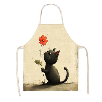 1pc Linen Apron Cute Cat Holding Flower Design Kitchen Cooking Baking Gift for Women Home Decor Farmhouse Style