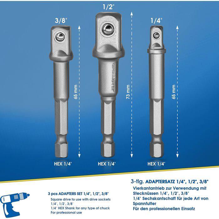 Adaptateurs pour douilles - AIMOONSA - Lot 3 (1/4"-3/8"-1/2") - Acier chrome-vanadium - Queue hexagonale - Bille d'entraînement