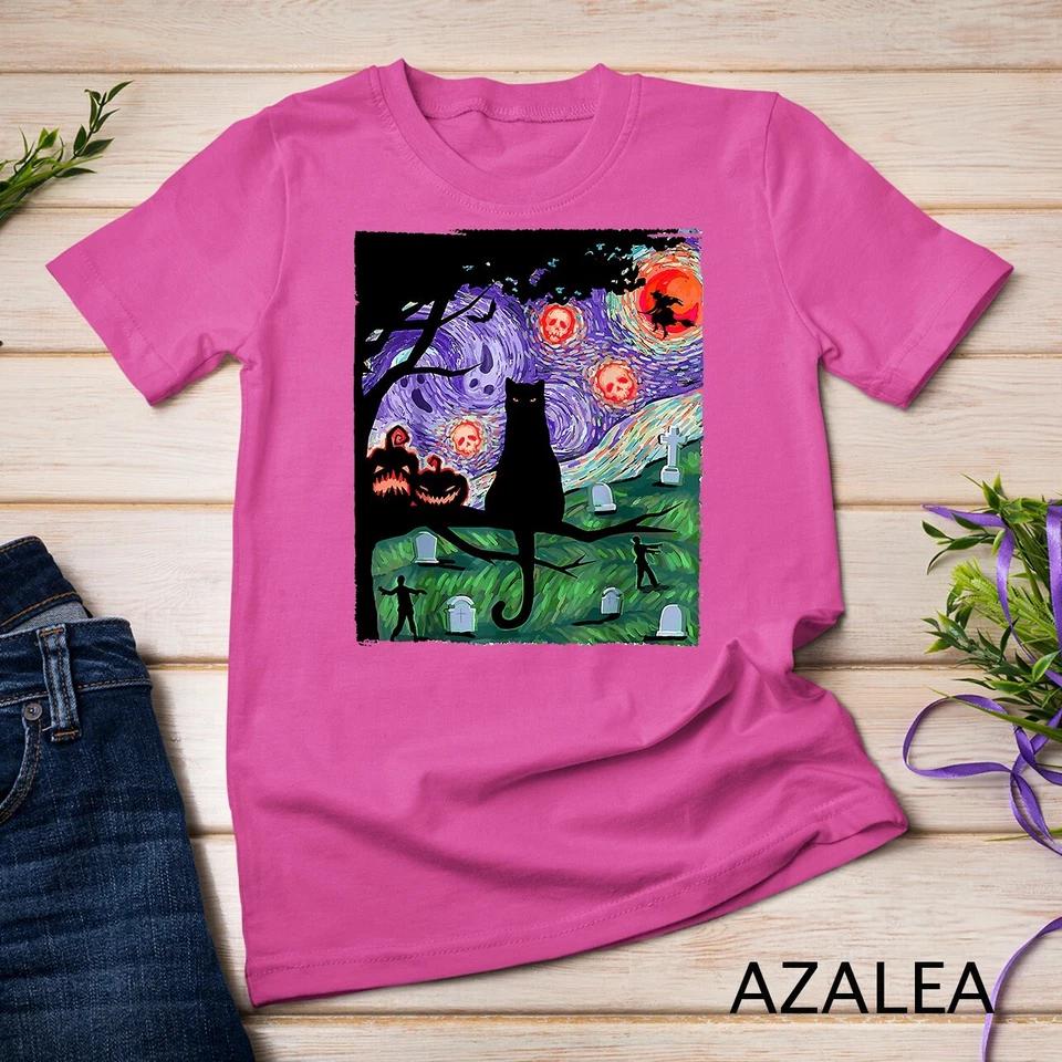 Scary Night Cat Van Gogh- Cat Black Halloween Pumpkin Art T-Shirt Unisex T-shirt 4 L