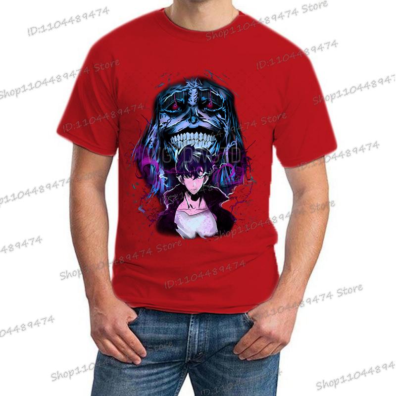 Japanese Anime Solo Leveling T Shirt Men Sung Jinwoo God Statue Cartoon Graphic Tees Harajuku Short Sleeve High Quality Tshirt