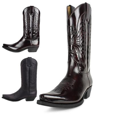 Fashion Cowboy Moots Men Country Vintage Knight Western Motorcycle Boots Leather Embroidered Pointed Toe Mid Calf Work Shoes Comfortable