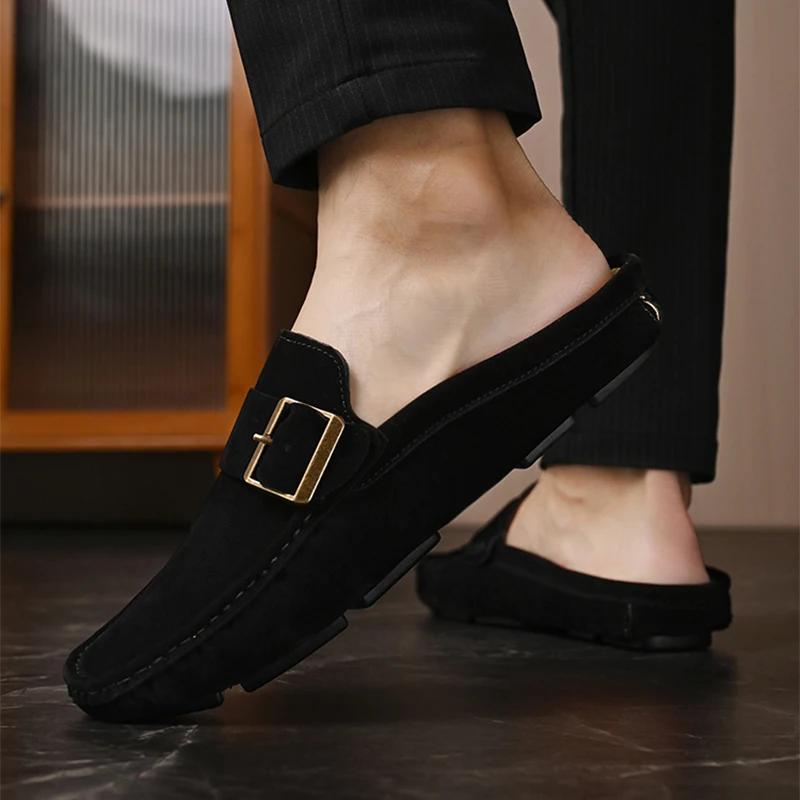 2025 Men's Slippers Leather Casual Shoes Summer Flat Bottom Outdoor Non Slip Comfortable Luxury Trendy Set Wearing Half Slippers