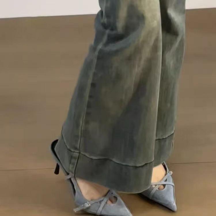 Baotou Single Shoes Sexy Pointed Head Light Mouth Denim Blue High Heels Women's Spring and Autumn New Stiletto Sandals