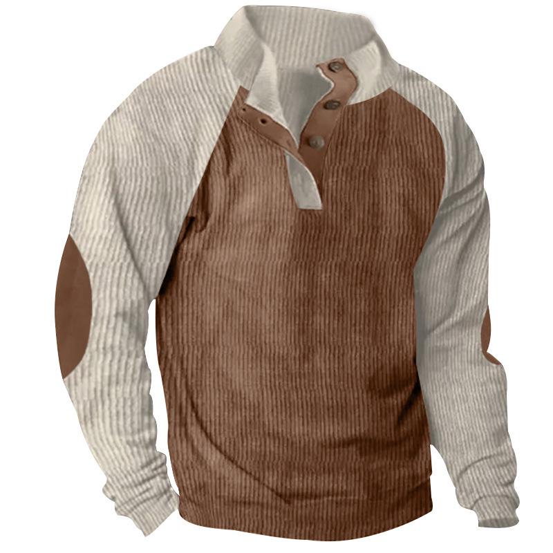 Men's Corduroy Color Block Stand Collar Hoodie - Casual Long Sleeve Top for Spring and Autumn
