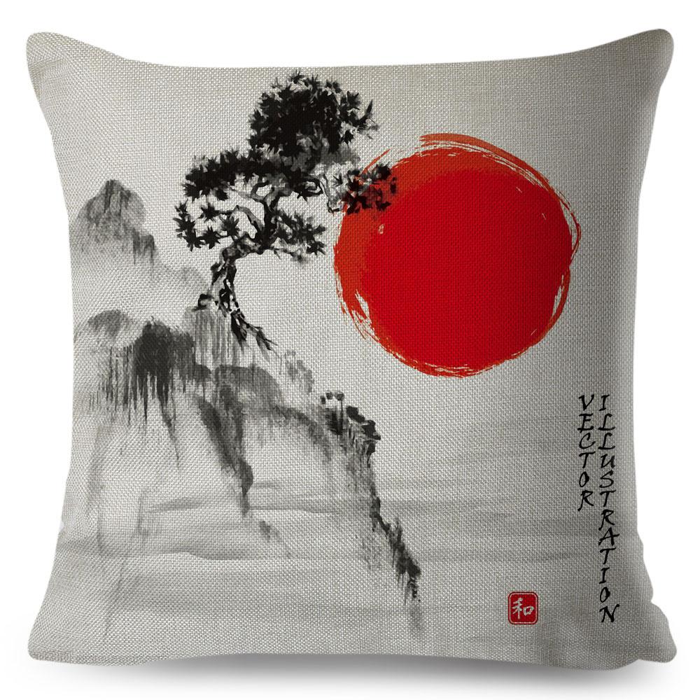 

Japanese Style Ink Cushion Cover for Sofa Home Car Decor Beautiful Scenery Cat Girl Pillowcase Polyester Pillow Case 45x45cm 40x40cm16x16Inch