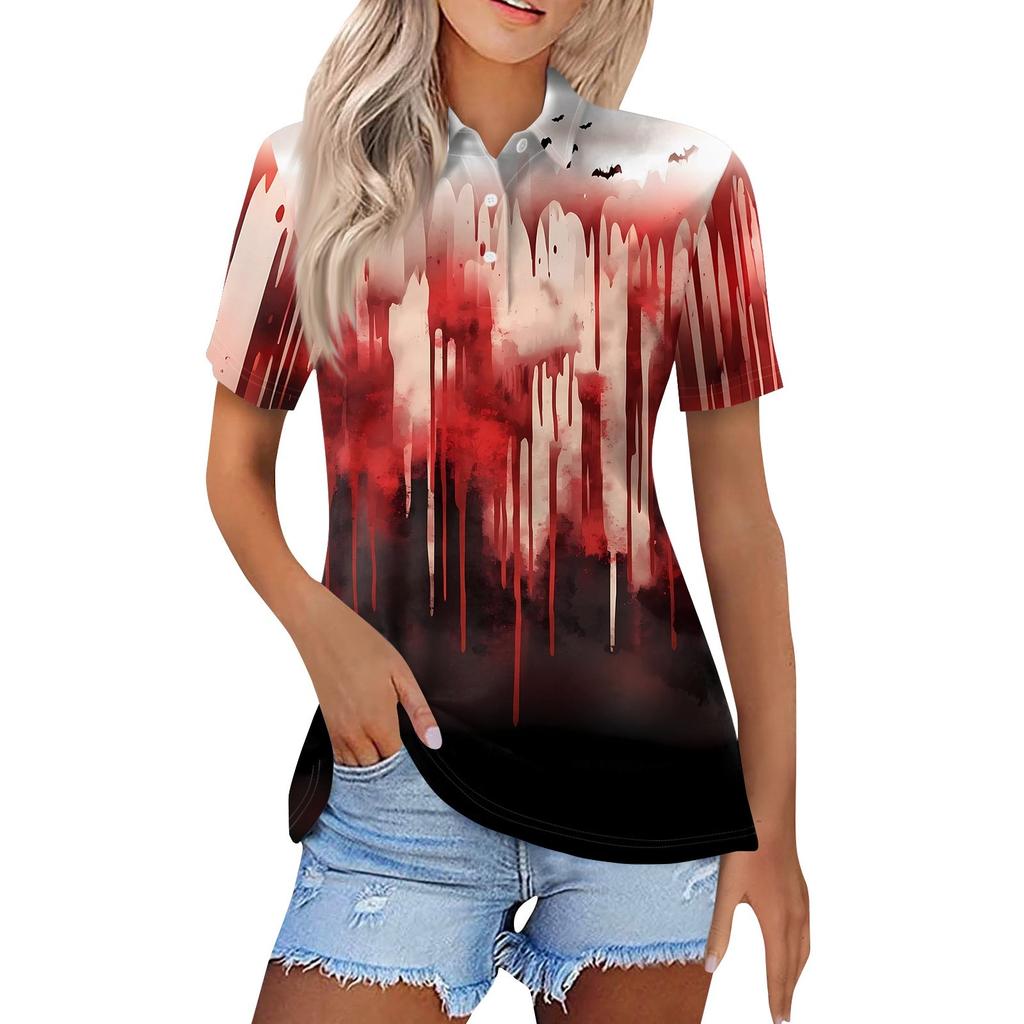 Dámská móda Ležérní klopa Krátký rukáv Halloweenský potisk Košile Dámské zapínací topy