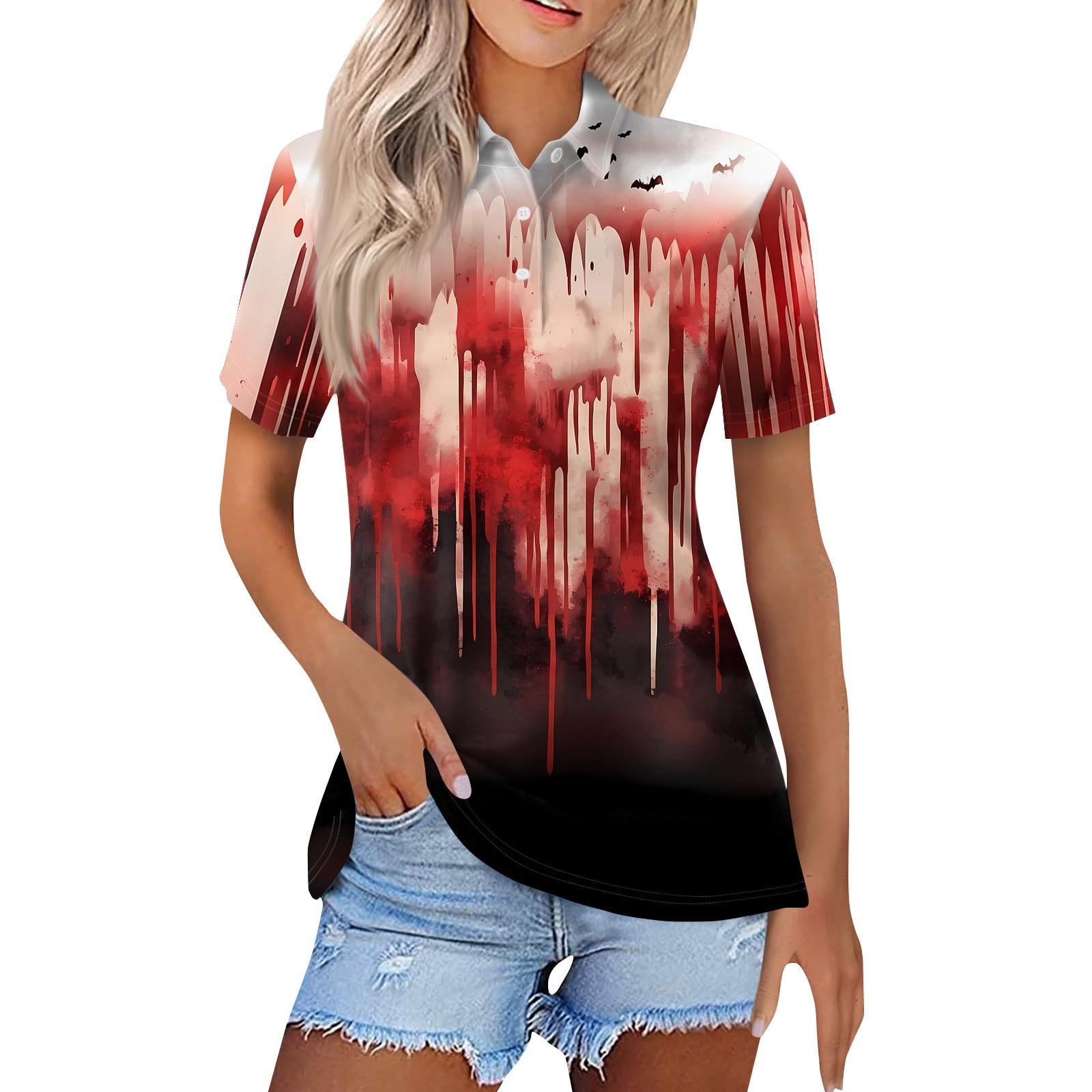 

Женская модная повседневная рубашка с лацканами и короткими рукавами с принтом на Хэллоуин, женские топы на пуговицах XL красный