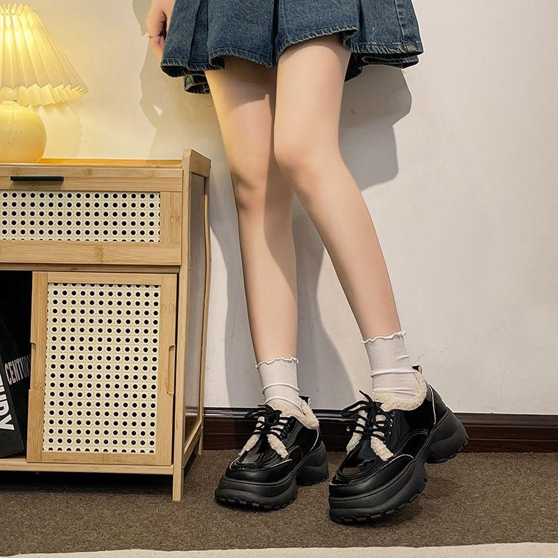 Fleece Single Shoes French Versatile Loafers British Style Non-slip Thick Sole Heightening Small Leather Shoes Women's 2025 Autumn and Winter New M