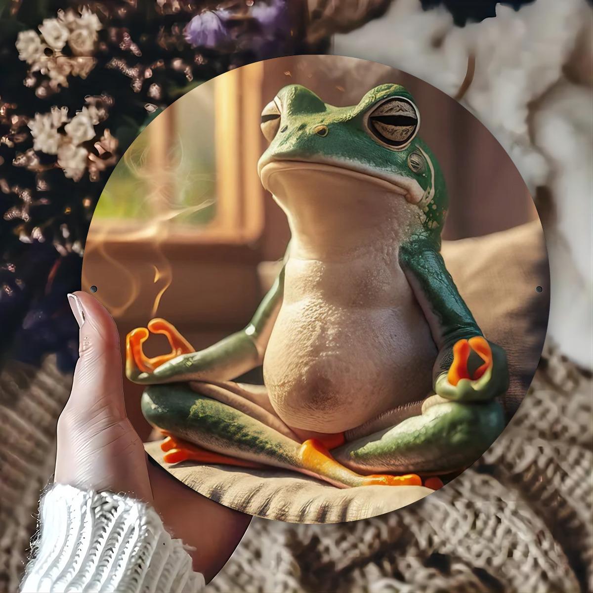 Funny Meditating Frog in Yoga Pose Round Metal Tin Sign Whimsical Zen Animal Wall Art Decor for Home and Meditation Room 20x30cm(7.8x11.8inch)