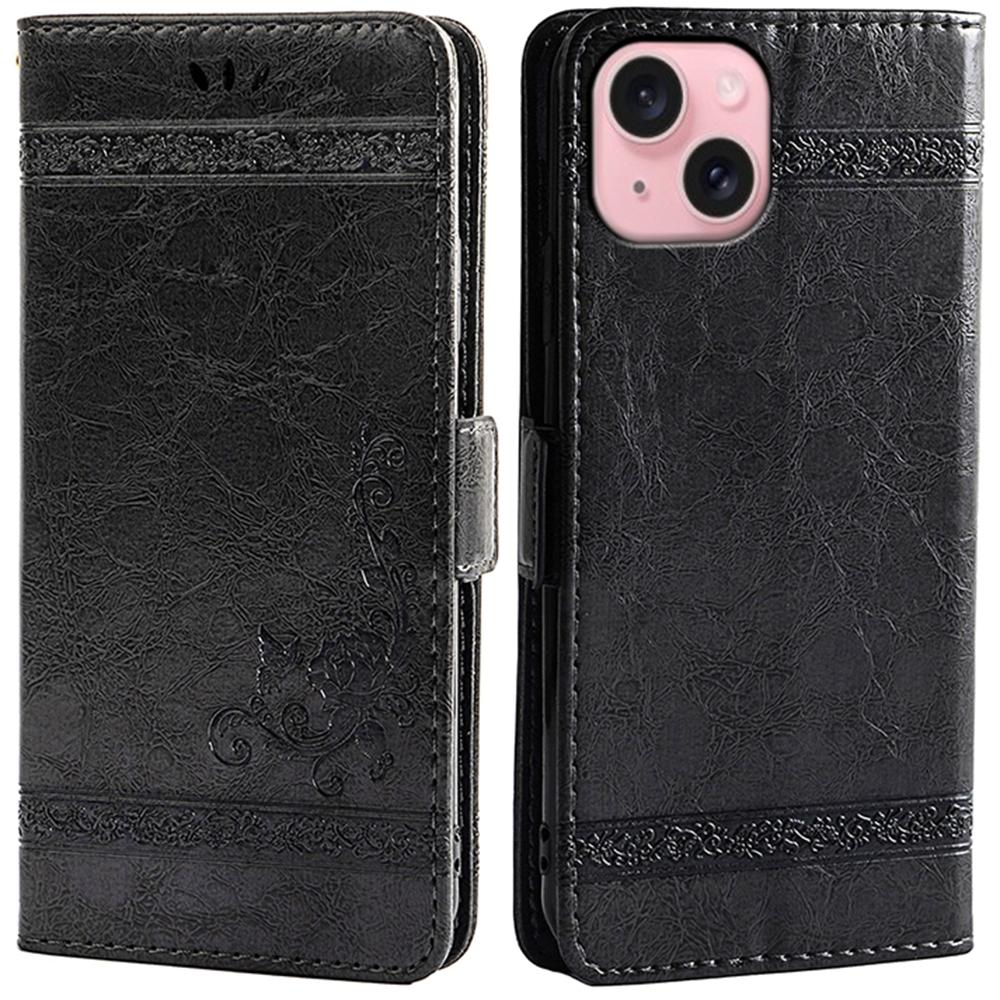 

For iPhone 14 Leather Case Flower Imprint Wallet Phone Cover with Side Buckle Black