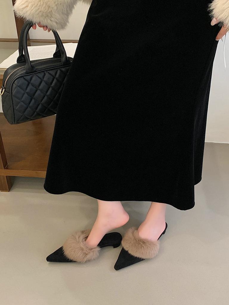 French Pointed Head Velvet Kitten and Female Wear Autumn and Winter Fluffy Shoes Temperament Thick Heel Bag Head Rabbit Hair Sandals