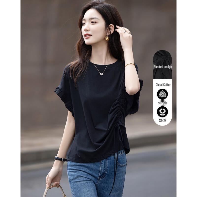 Women's Asymmetric Drawstring Pleated Cotton Spandex T-shirt