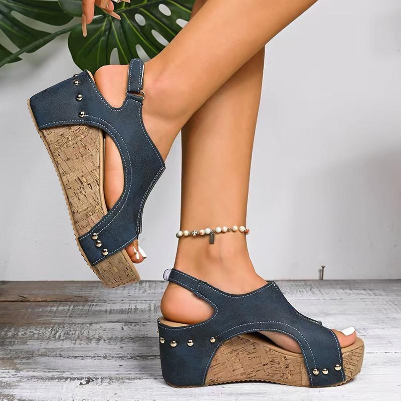 Retro Peep Toe Wedge Heel Sandals for Women 2025 Summer Chunky Platform Sandalias Mujer Thick Bottom Rivet Decor Roman Sandals