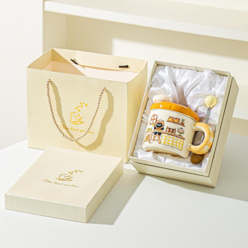 Korean Creative Bread Mug Cartoon Cat Ceramic Cup with Lid Household Water Cup Birthday Gift Souvenir
