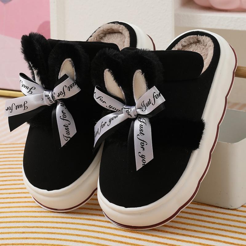 Fashion Thick Soled Women's Slippers 2024 New Winter Bow Decoration Home Interior with Plush Insulation Anti Slip Properties Platform