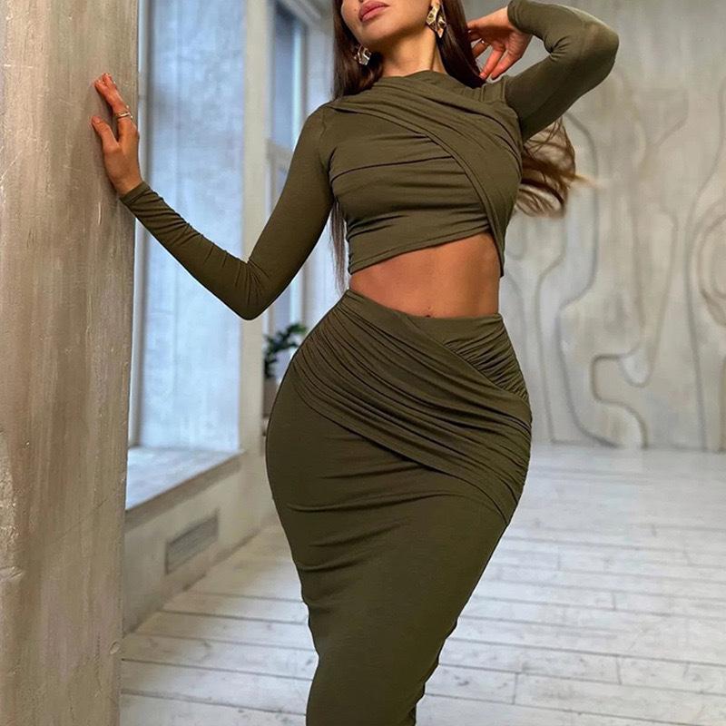 2024 Summer Women's Round Neck Long Sleeve Crop Top & Skirt Two-Piece Set