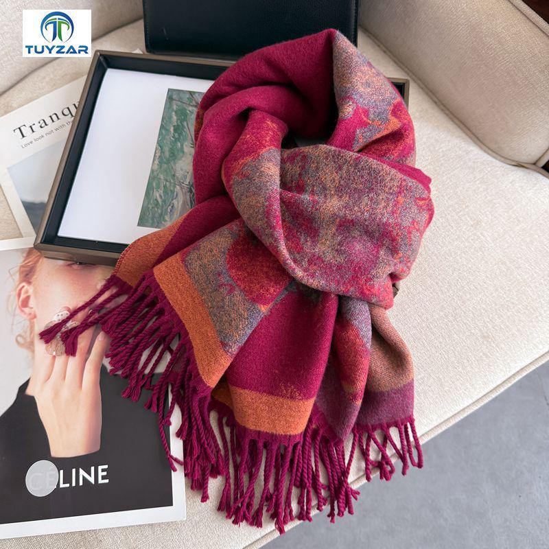 Elegant Ethnic Style Double-Sided Scarf – Women's Soft, Thick, Warm Shawl for Autumn & Winter