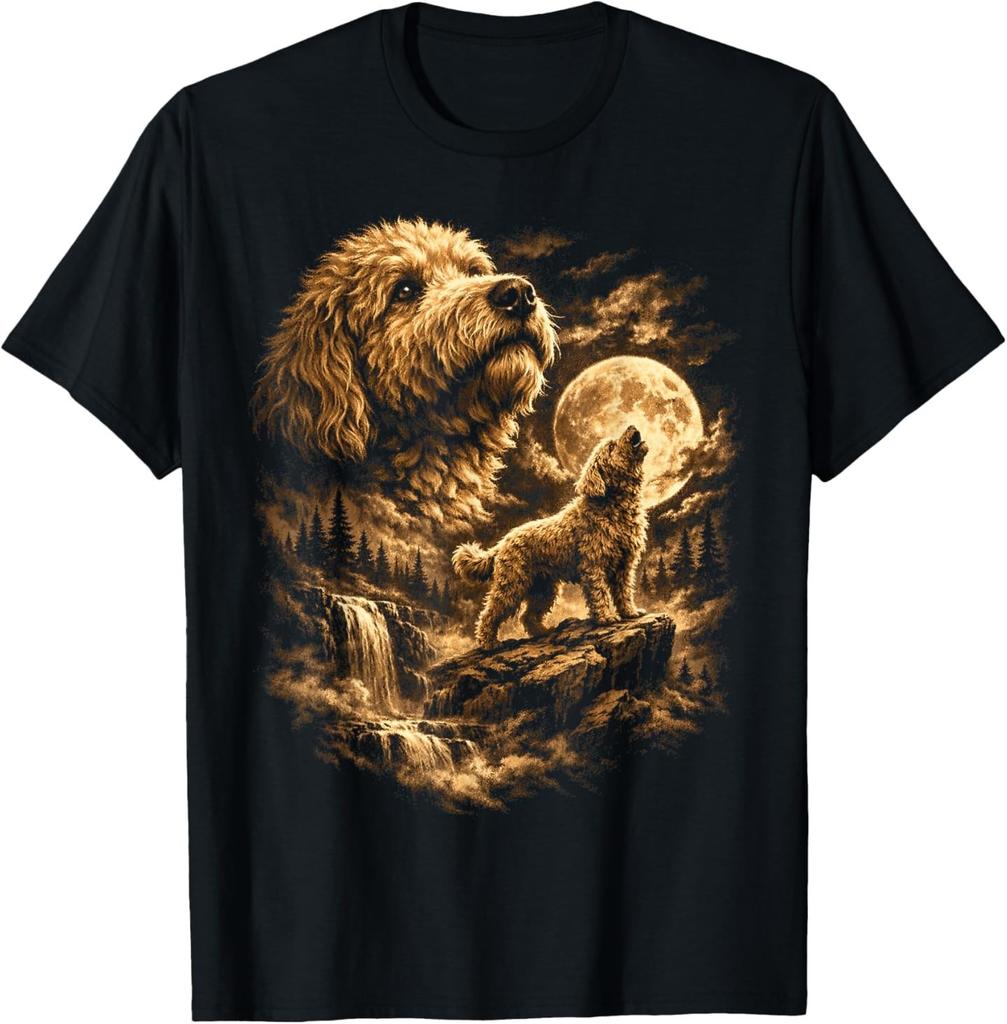 Golden Doodle Dog Howling Moon Fantasy Forrest Wilderness T-Shirt