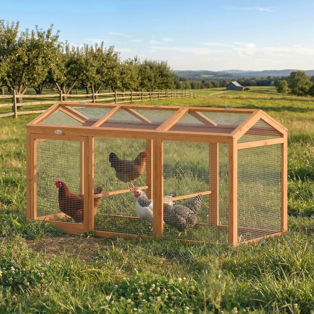 Chicken Coop Free-Range Run with Perch Double Doors, Made of Wood and Metal, for 4 Chickens, 156 x 70.5 x 84 cm Orange